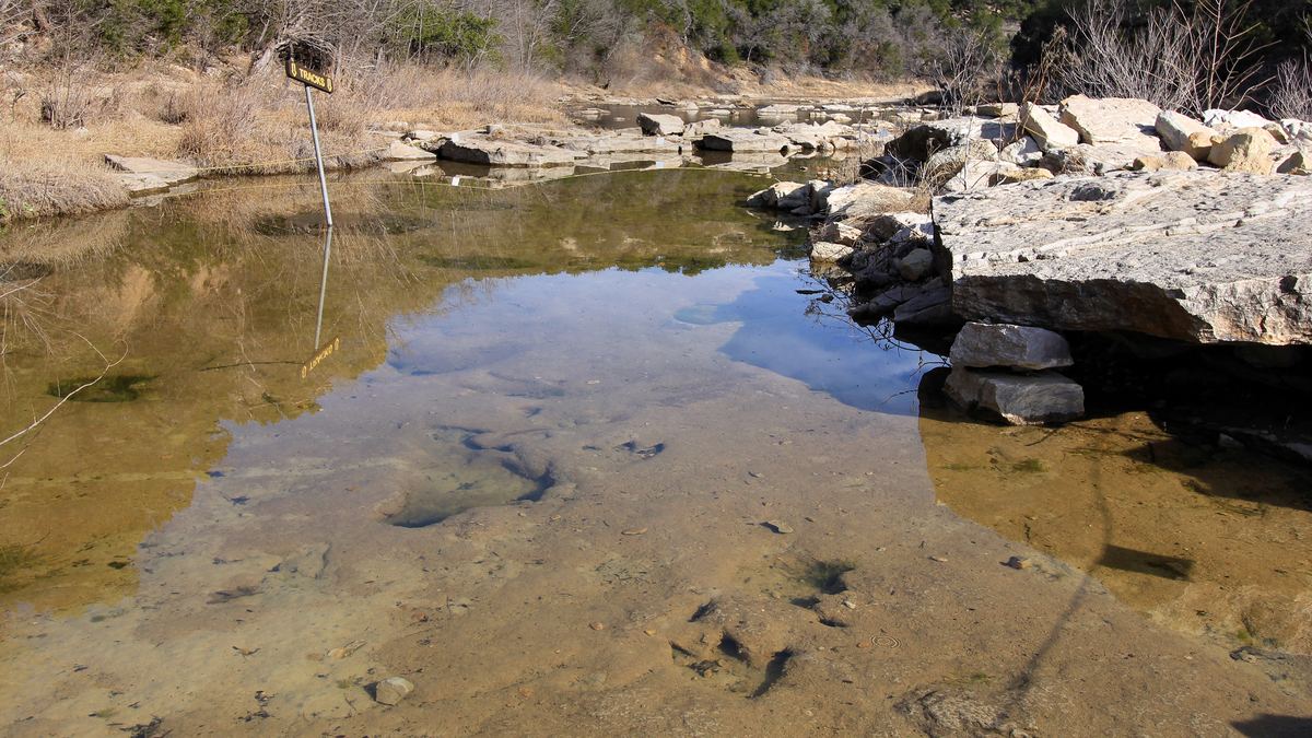 Dinosaur tracks visible under shallow, clear water in the Paluxy River at the Main Track Site